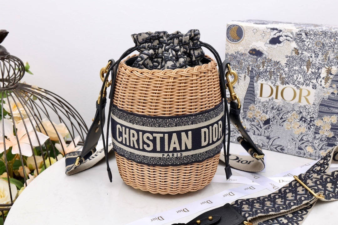 DI Medium Lady Bag Natural Wicker Blue For Women 28cm/11in CD M0505CMVO_M808