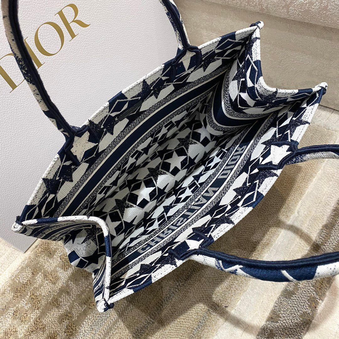 DI Medium Book Tote Bag in Étoile Embroidery Bag, Blue/White, For Women Women’s Handbags, 36cm CD