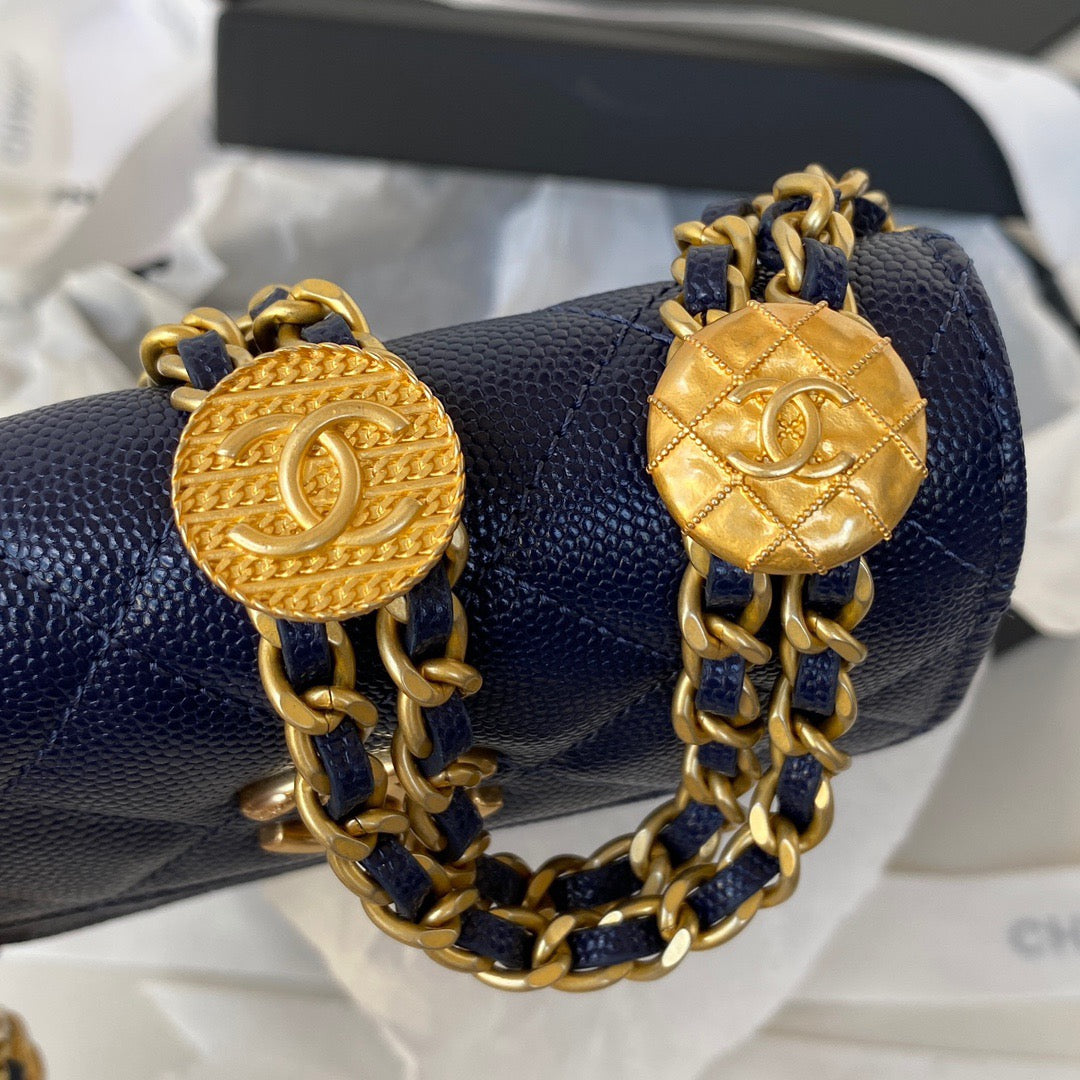 Chanel Clutch With Chain Gold Hardware Grained Shinny Navy Blue For Women, Women’s Handbags, Shoulder Bags 4.7in/12cm AP2857