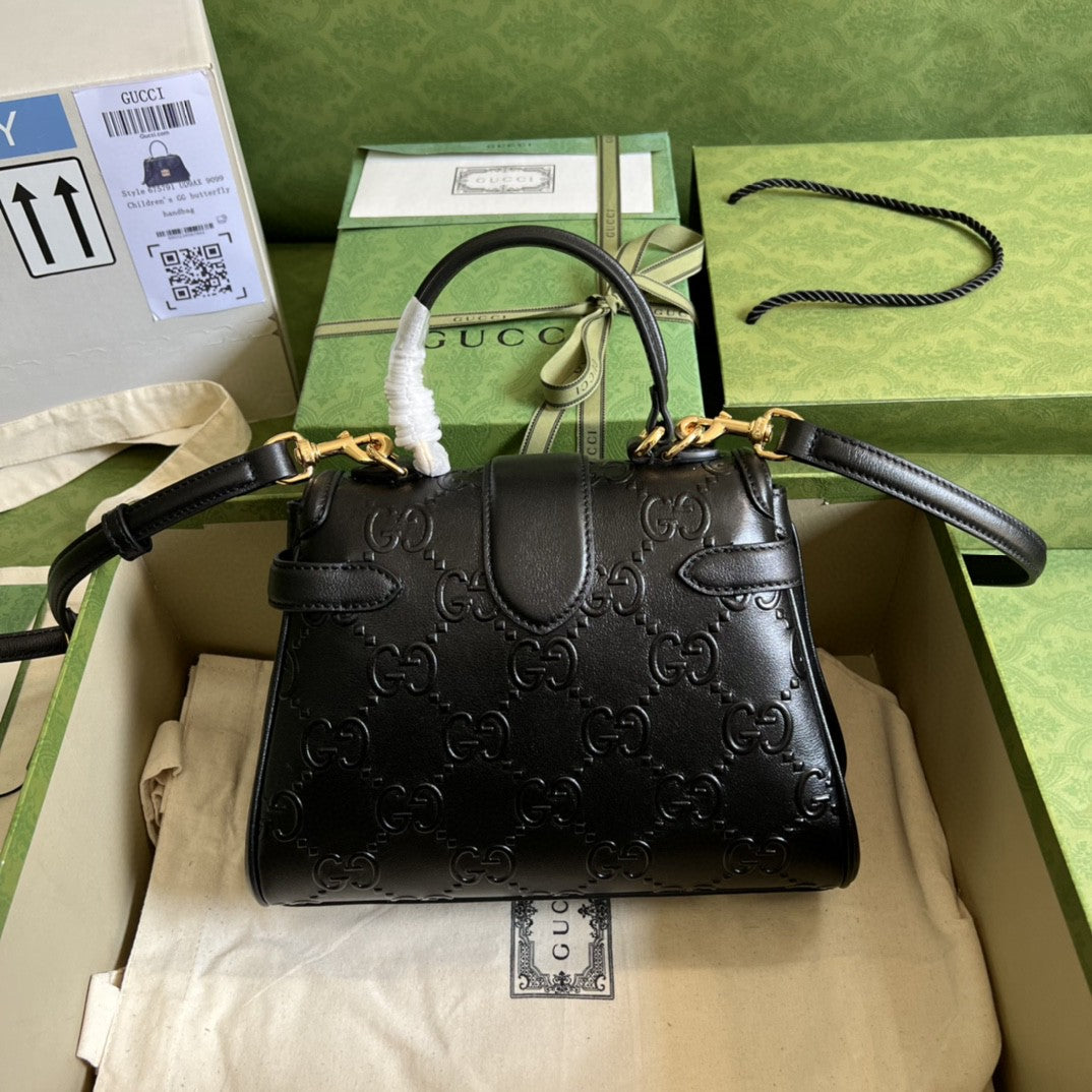 gg Small gg Top Handle Bag Black Debossed For Women 11in/29cm gg 675791 UD9AG 1000