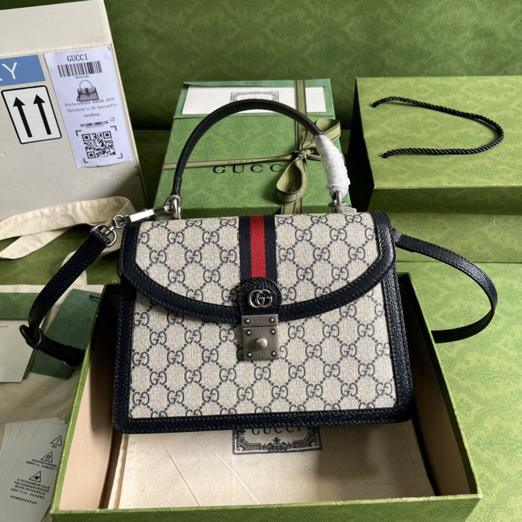 gg Ophidia Small Top Handle Bag Beige And Blue gg Supreme Canvas For Women 10in/25cm 651055 96IWN 4076