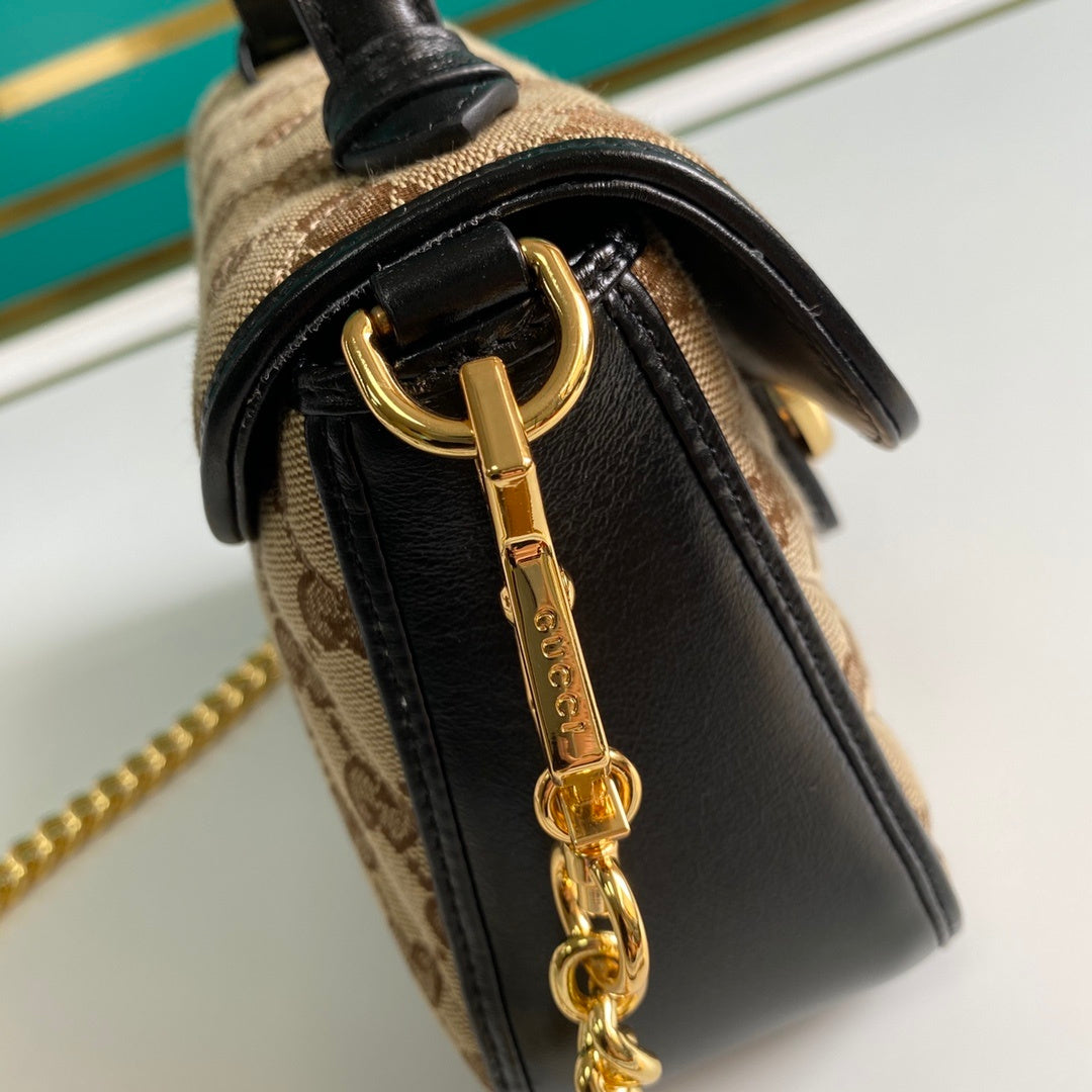 gg Ladies gg Canvas Marmont Mini Top Handle Bag Beige/Ebony Diagonal Matelassé Original gg Canvas 8.3in/21cm gg 583571 HVKEG 9772