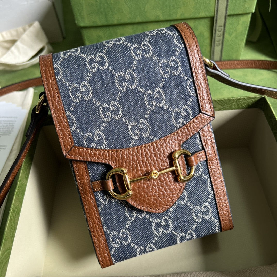 gg Horsebit 1955 Mini Bag Blue And Ivory gg Denim Jacquard For Women 6.7in/17cm 625615 2KQgg 8375