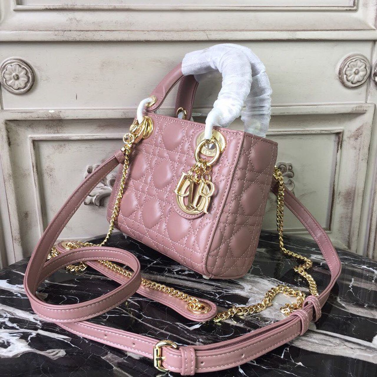 DI Mini Lady Bag Gold Toned Hardware Dusty Pink For Women 18cm/7in CD