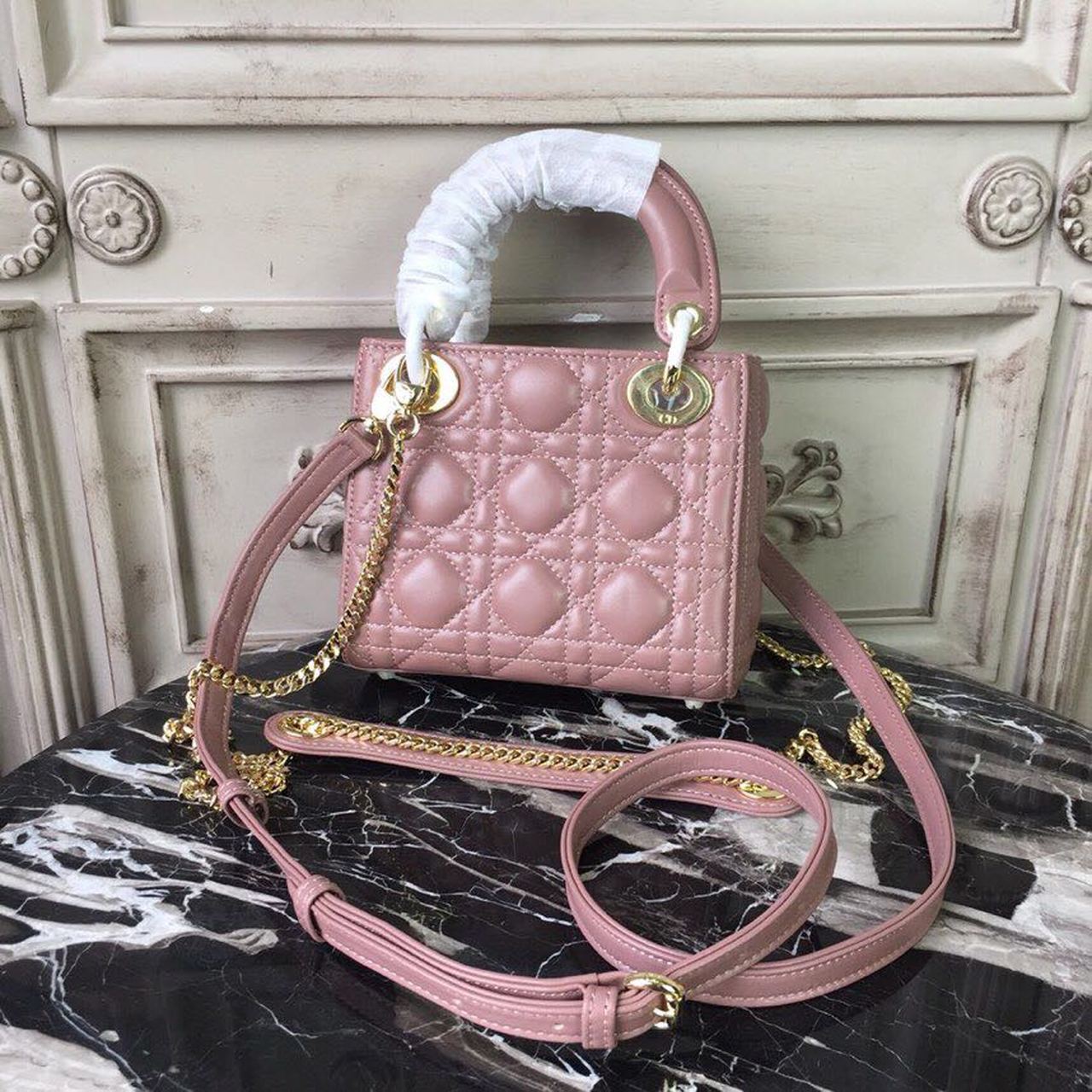 DI Mini Lady Bag Gold Toned Hardware Dusty Pink For Women 18cm/7in CD