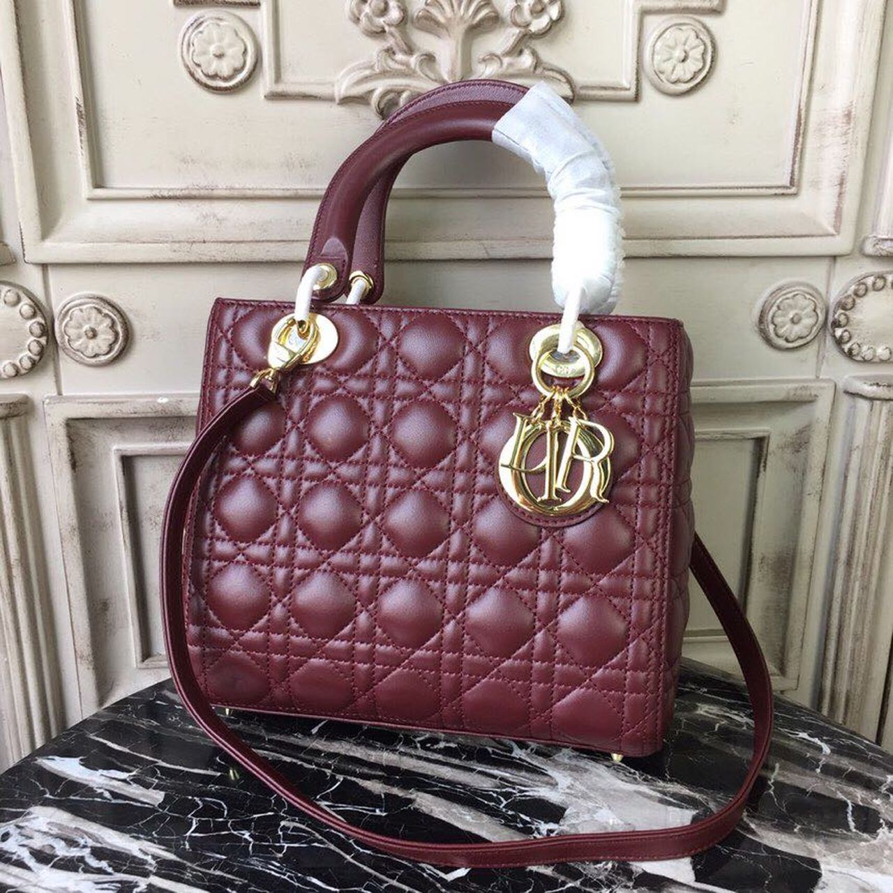 DI Medium Lady Bag Gold Toned Hardware Burgundy For Women 24cm/9in CD