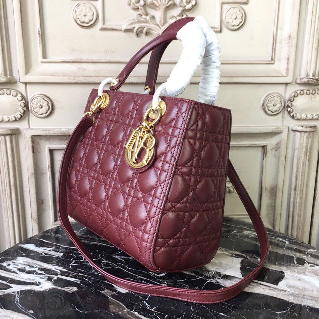 DI Medium Lady Bag Gold Toned Hardware Burgundy For Women 24cm/9in CD