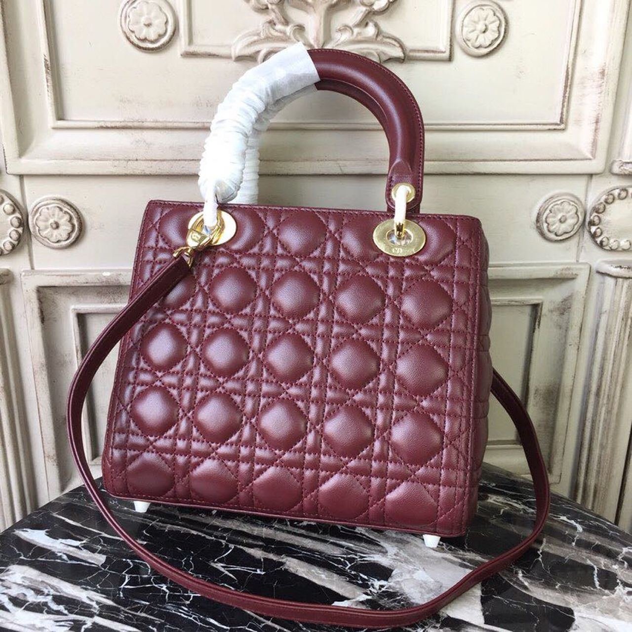 DI Medium Lady Bag Gold Toned Hardware Burgundy For Women 24cm/9in CD