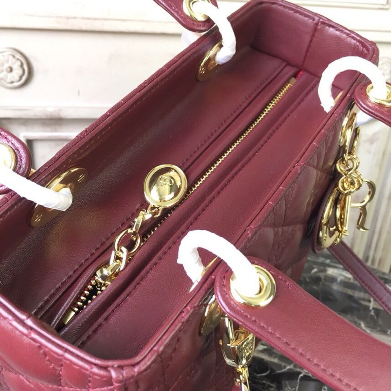 DI Medium Lady Bag Gold Toned Hardware Burgundy For Women 24cm/9in CD