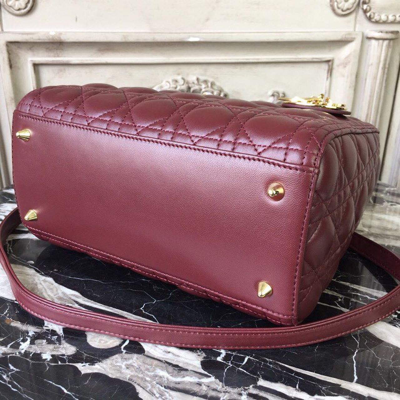 DI Medium Lady Bag Gold Toned Hardware Burgundy For Women 24cm/9in CD