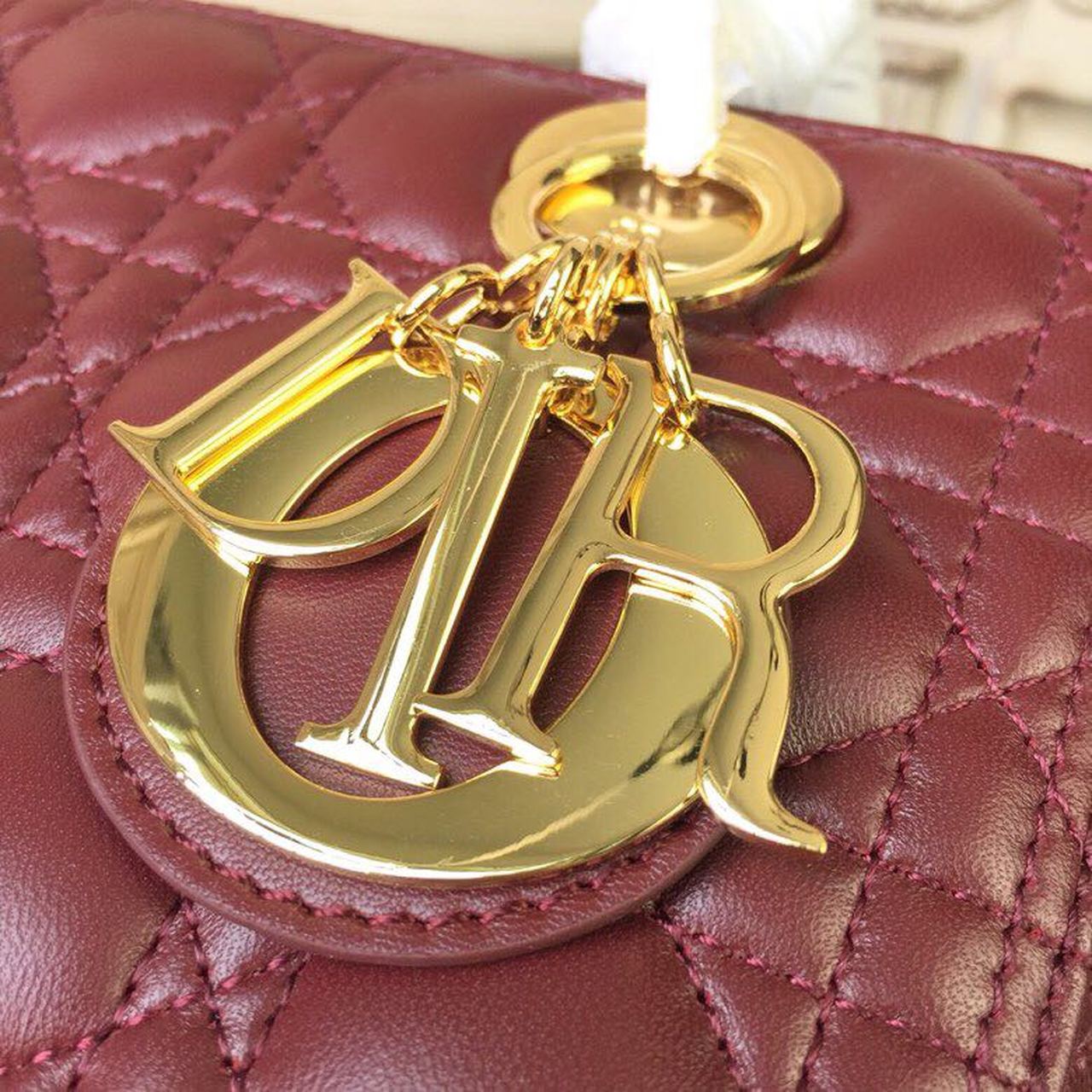 DI Medium Lady Bag Gold Toned Hardware Burgundy For Women 24cm/9in CD