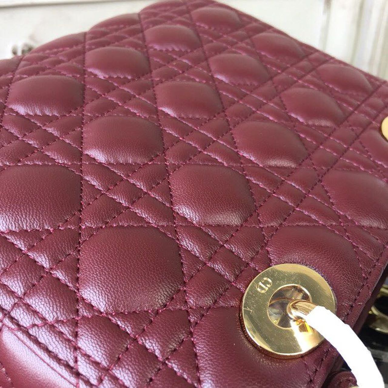 DI Medium Lady Bag Gold Toned Hardware Burgundy For Women 24cm/9in CD