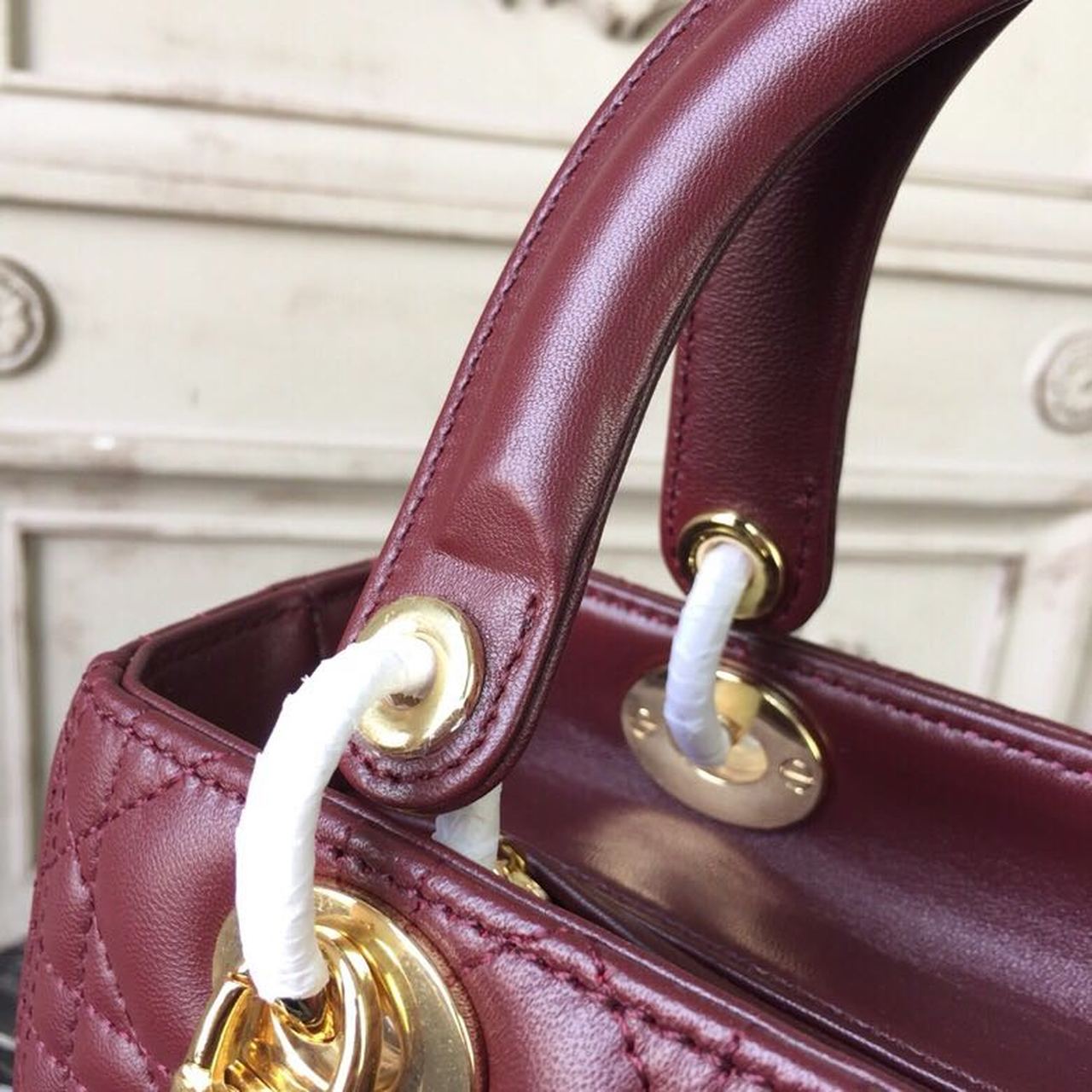 DI Medium Lady Bag Gold Toned Hardware Burgundy For Women 24cm/9in CD