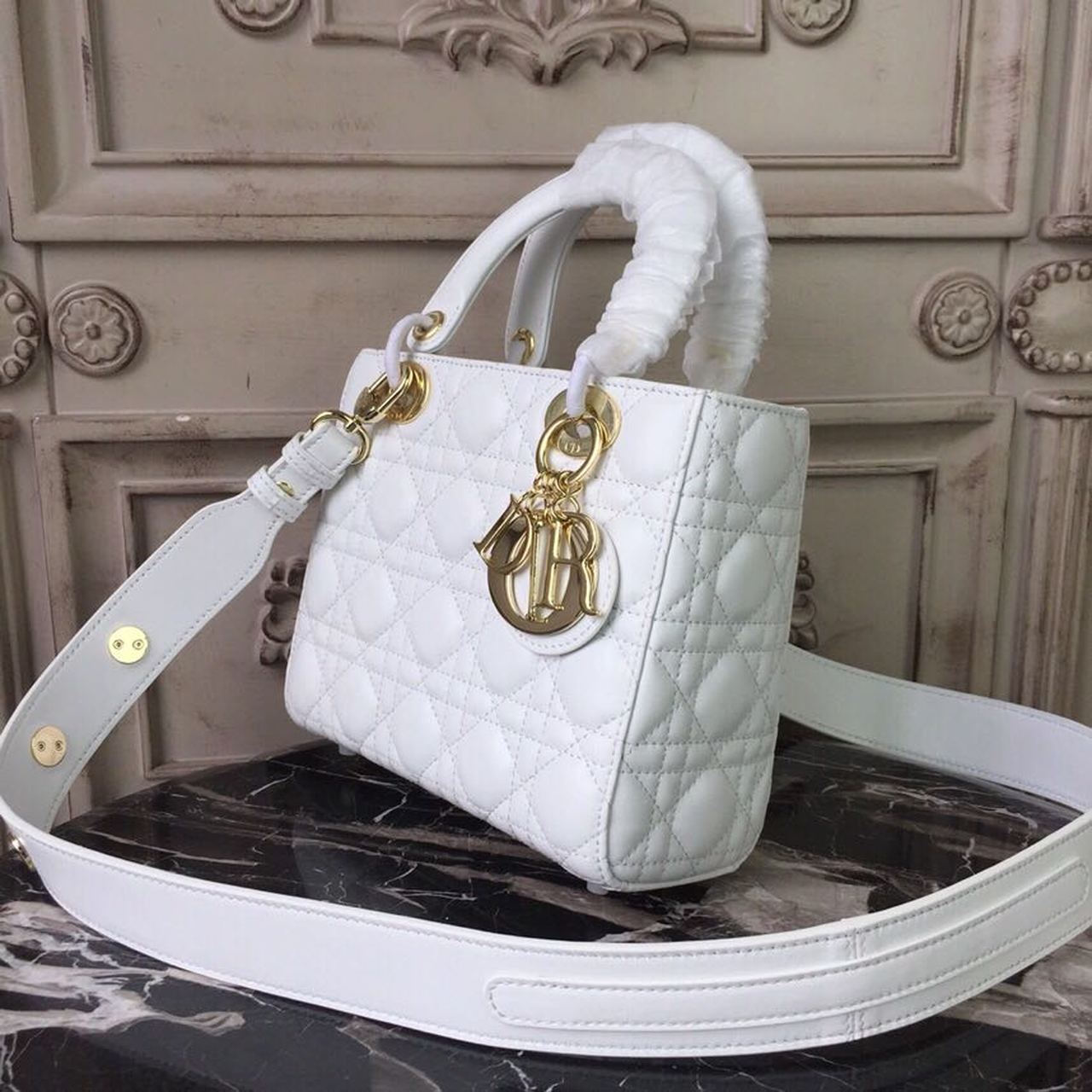 DI Small Lady Bag Gold Toned Hardware White For Women 20cm/8in CD M0538OCAL_M030