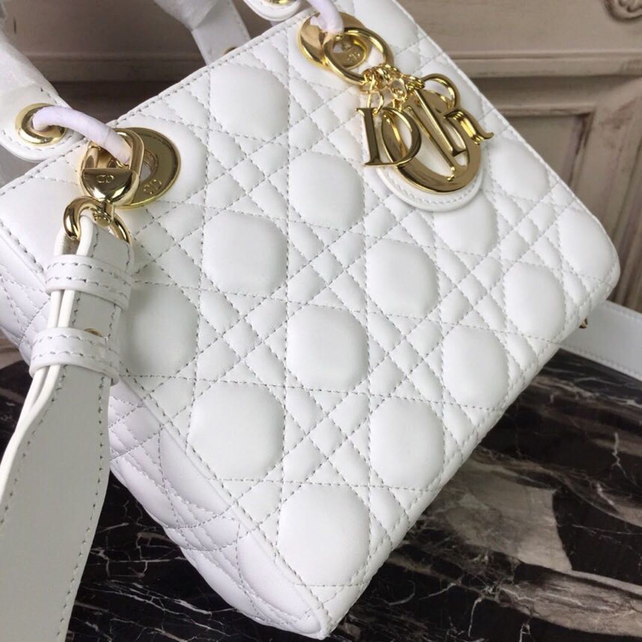 DI Small Lady Bag Gold Toned Hardware White For Women 20cm/8in CD M0538OCAL_M030