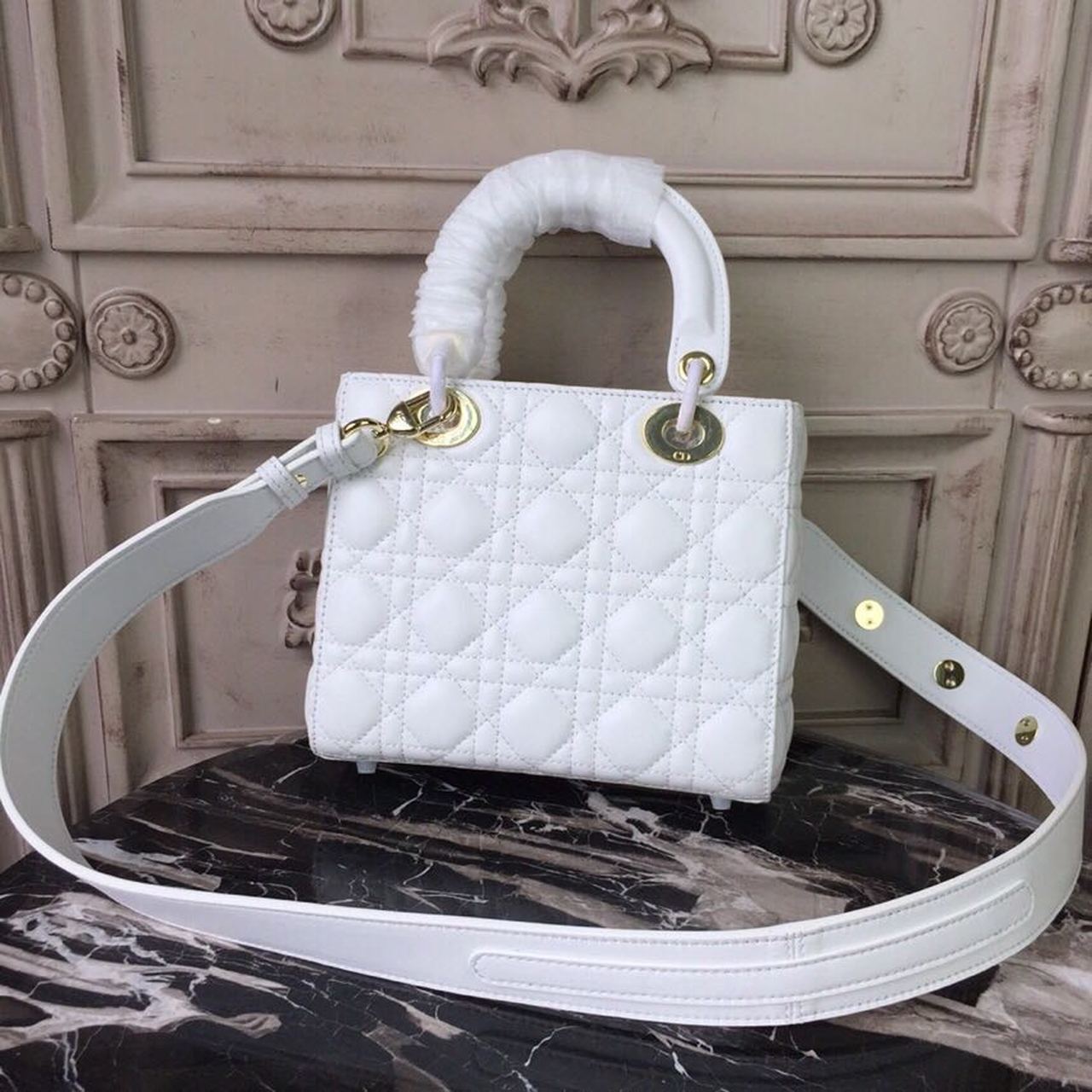 DI Small Lady Bag Gold Toned Hardware White For Women 20cm/8in CD M0538OCAL_M030
