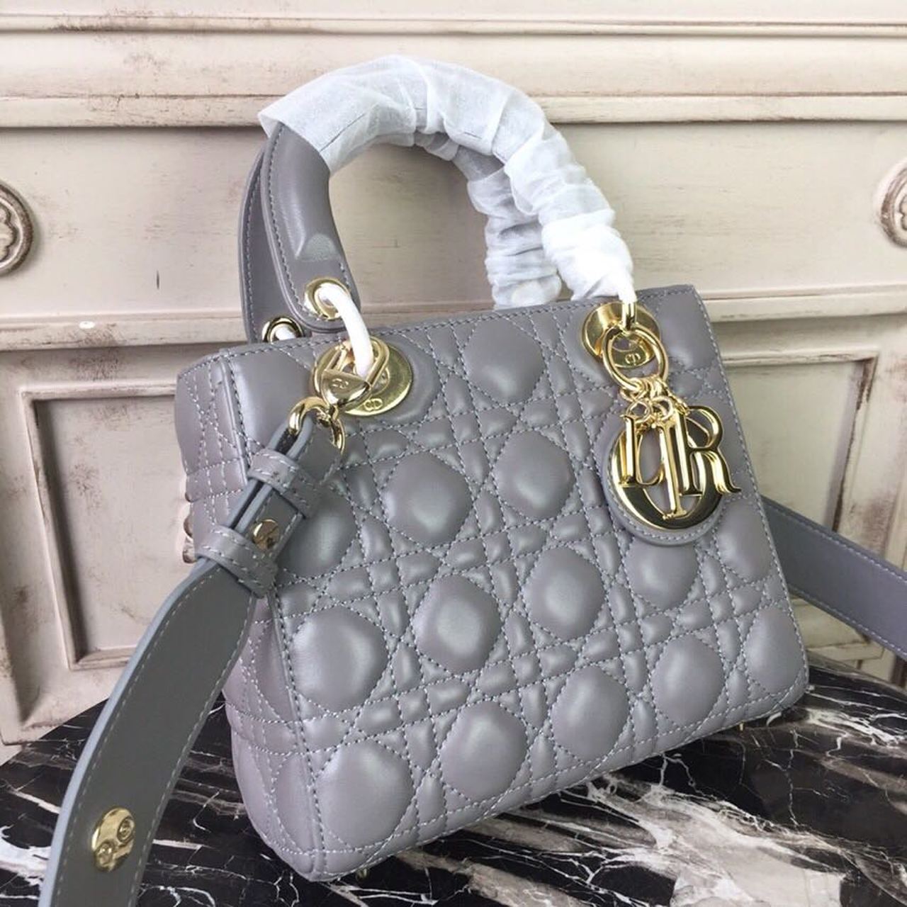 DI Small Lady Bag Gold Toned Hardware Grey For Women 20cm/8in CD