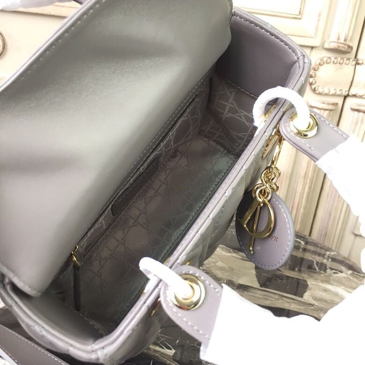 DI Small Lady Bag Gold Toned Hardware Grey For Women 20cm/8in CD