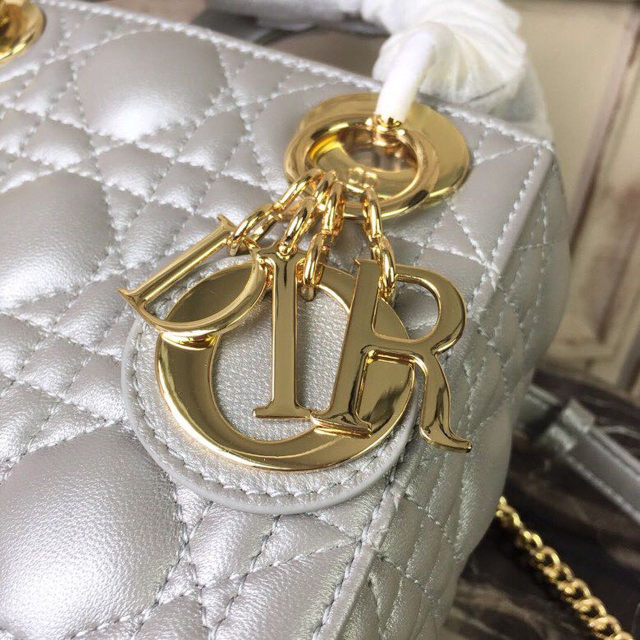 DI Mini Lady Bag Silver with Chain Gold Toned Hardware For Women 6.5in/17cm CD