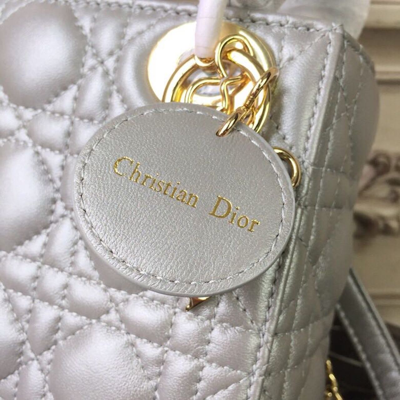 DI Mini Lady Bag Silver with Chain Gold Toned Hardware For Women 6.5in/17cm CD