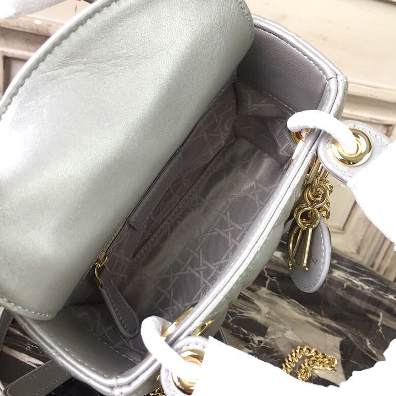 DI Mini Lady Bag Silver with Chain Gold Toned Hardware For Women 6.5in/17cm CD