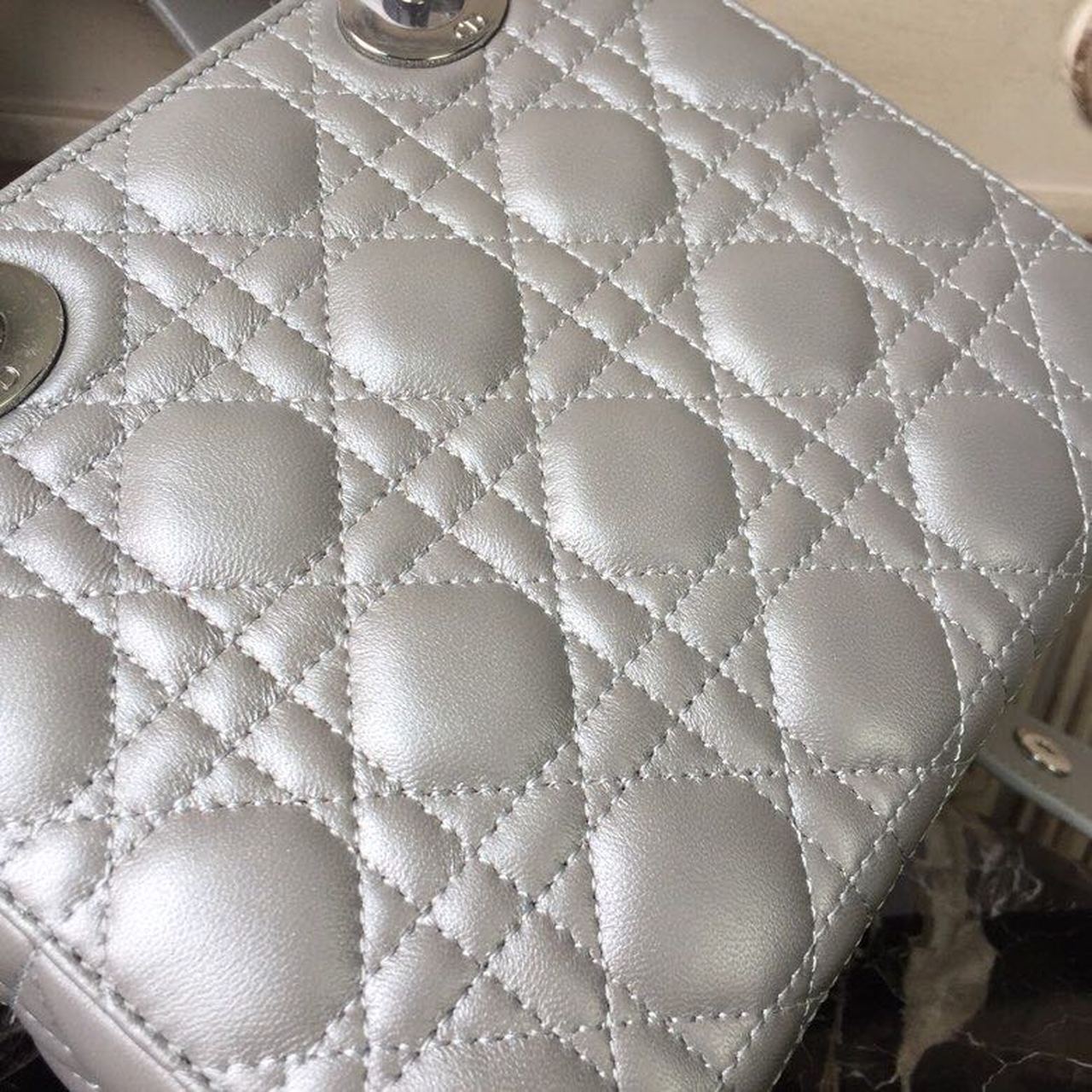 DI Small Opaline Gray Pearlescent Cannage Lady Bag Hardware Pearl Silver For Women 8in/20cm CD