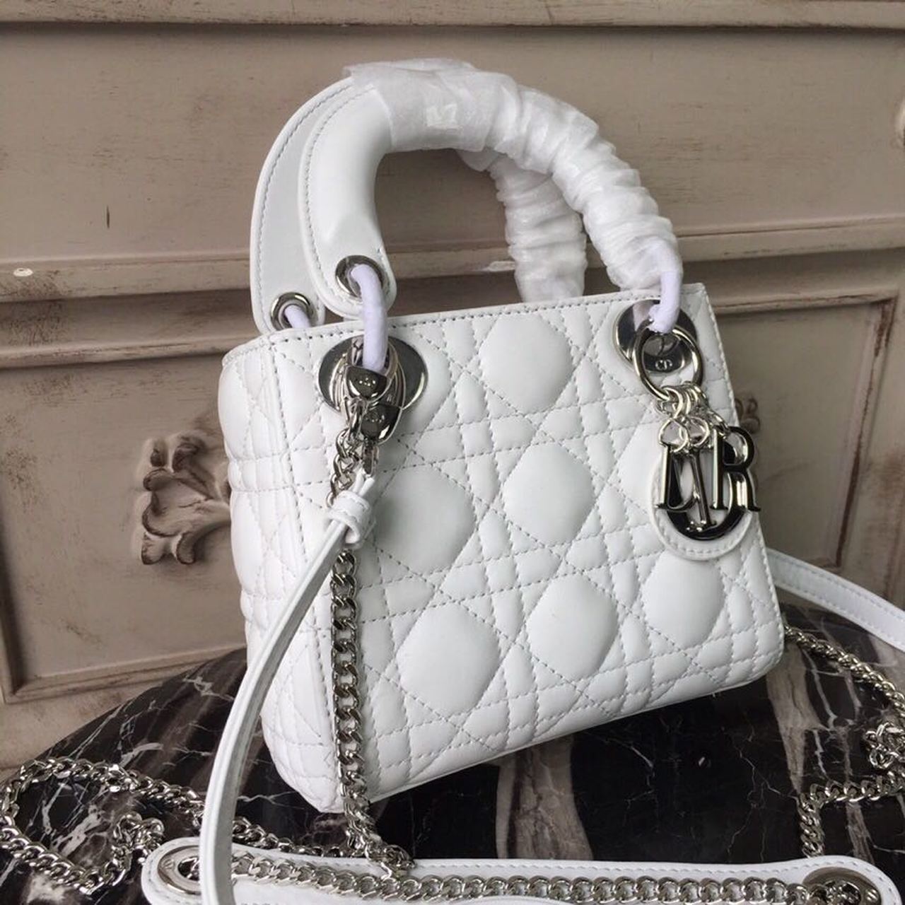 DI Mini Lady Bag White Chain Silver Hardware For Women 17cm/6.5in CD