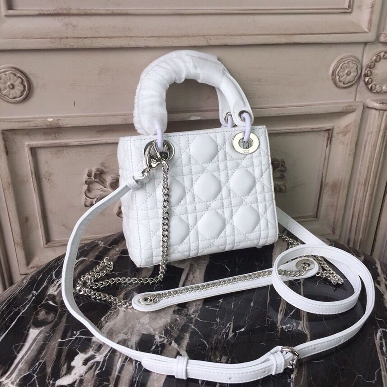 DI Mini Lady Bag White Chain Silver Hardware For Women 17cm/6.5in CD