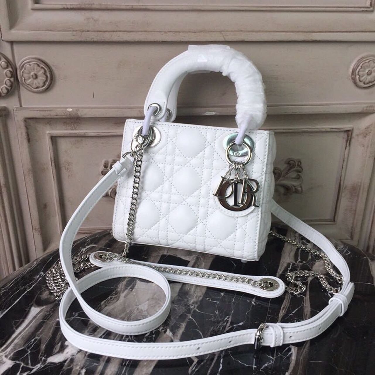 DI Mini Lady Bag White Chain Silver Hardware For Women 17cm/6.5in CD
