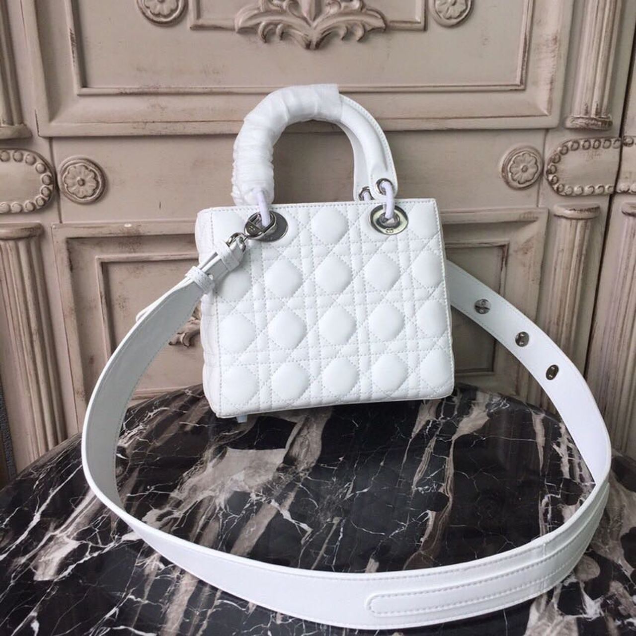 DI Small Lady Bag White Silver Hardware For Women 20cm/8in CD M0538BCAL_M030