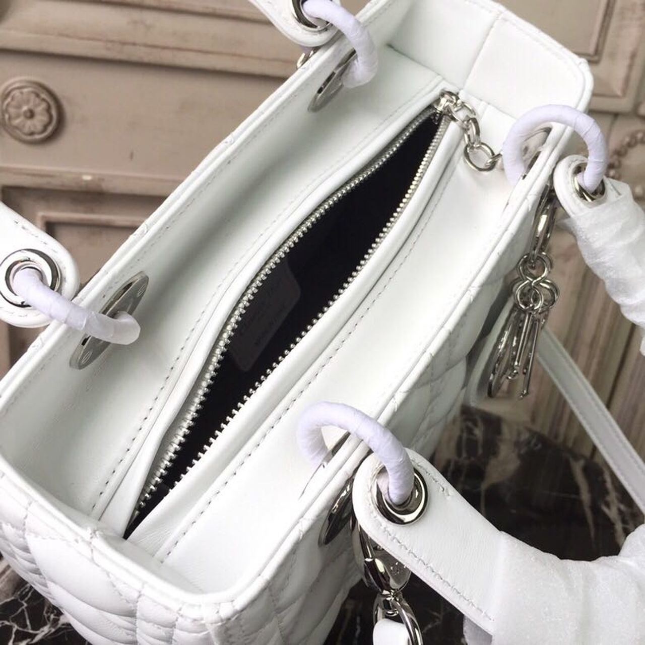DI Medium Lady Bag White Silver Hardware For Women 24cm/9in CD M0565BNGE_M030