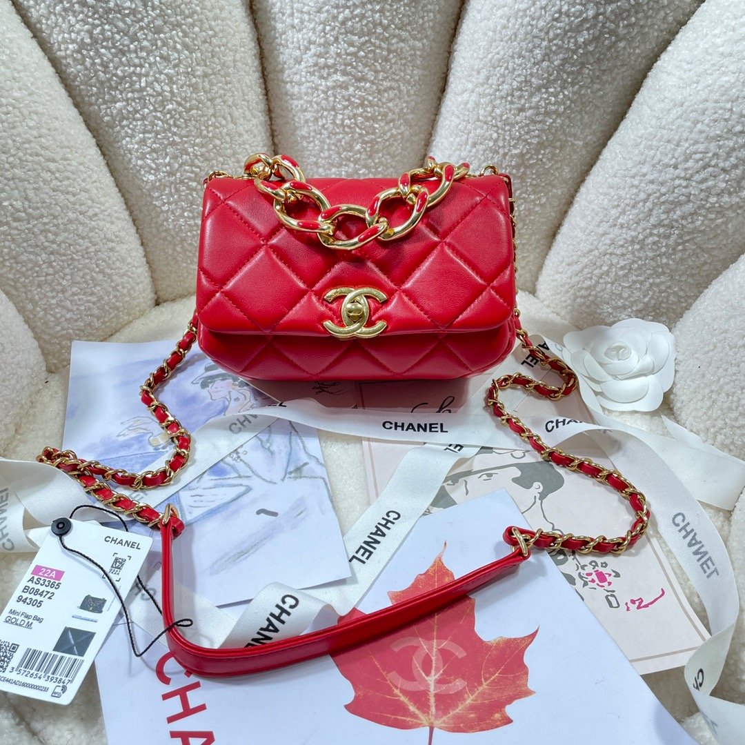 ChanelMini Flap Bag Gold Hardware Red For Women, Women’s Handbags, Shoulder Bags 6.7in/17cm AS3365