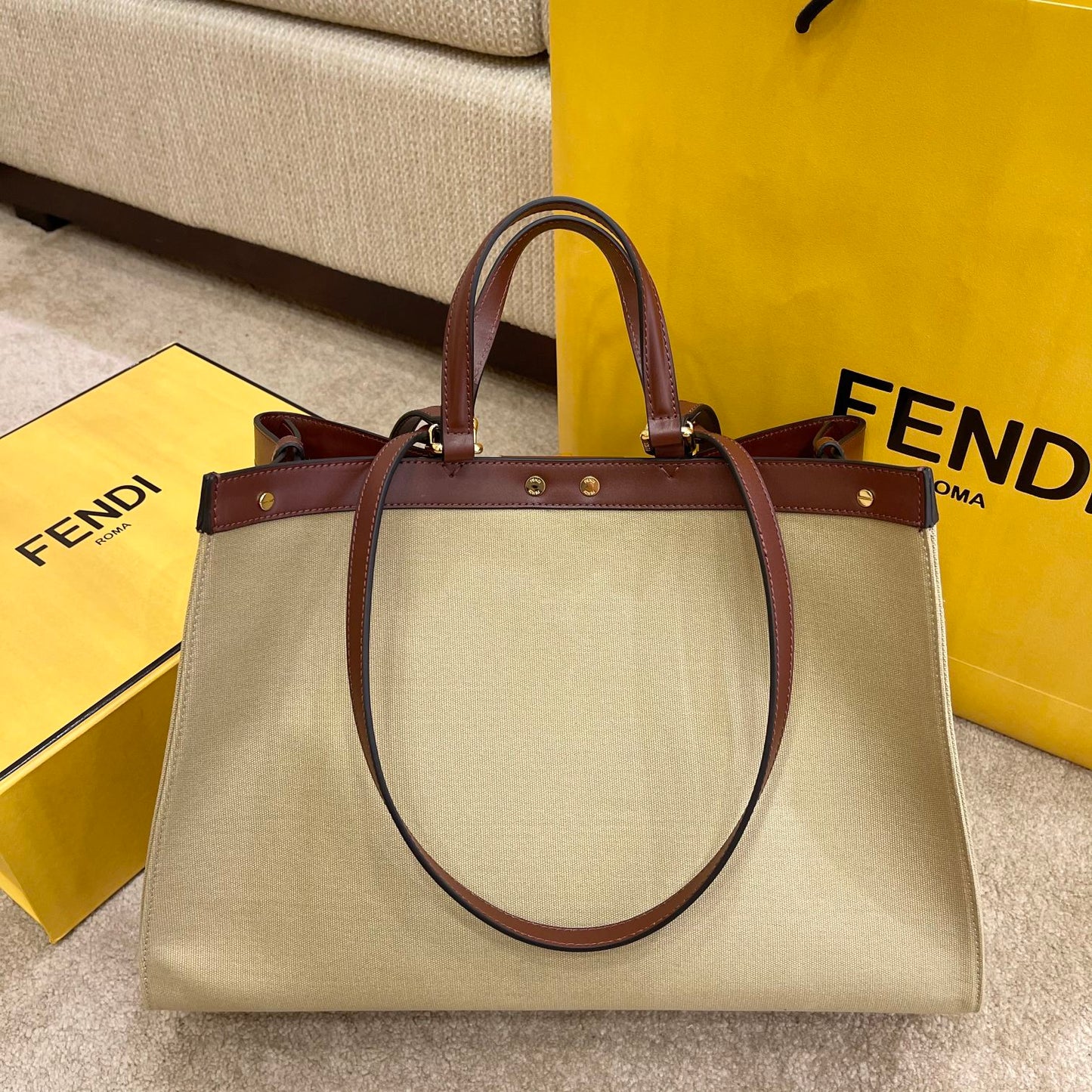 FI Peekaboo X-tote Bag Beige Canvas For Women, Women’s Handbags, Shoulder Bags 16.1in/41cm FF 8BH374
