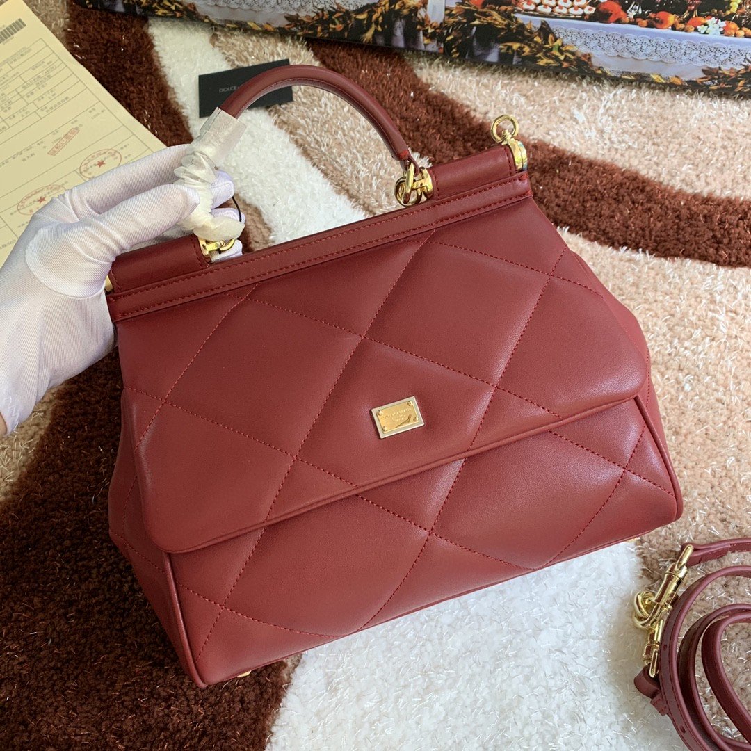 DG Medium Sicily Bag In Quilted Burgundy For Women 10.2in/26cm DG