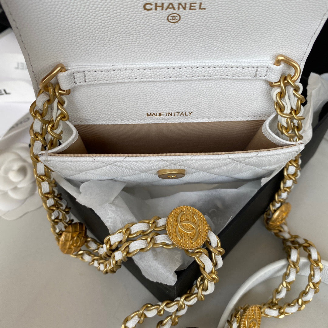 Chanel Clutch With Chain Gold Hardware Grained Shinny White For Women, Women’s Handbags, Shoulder Bags 4.7in/12cm AP2857