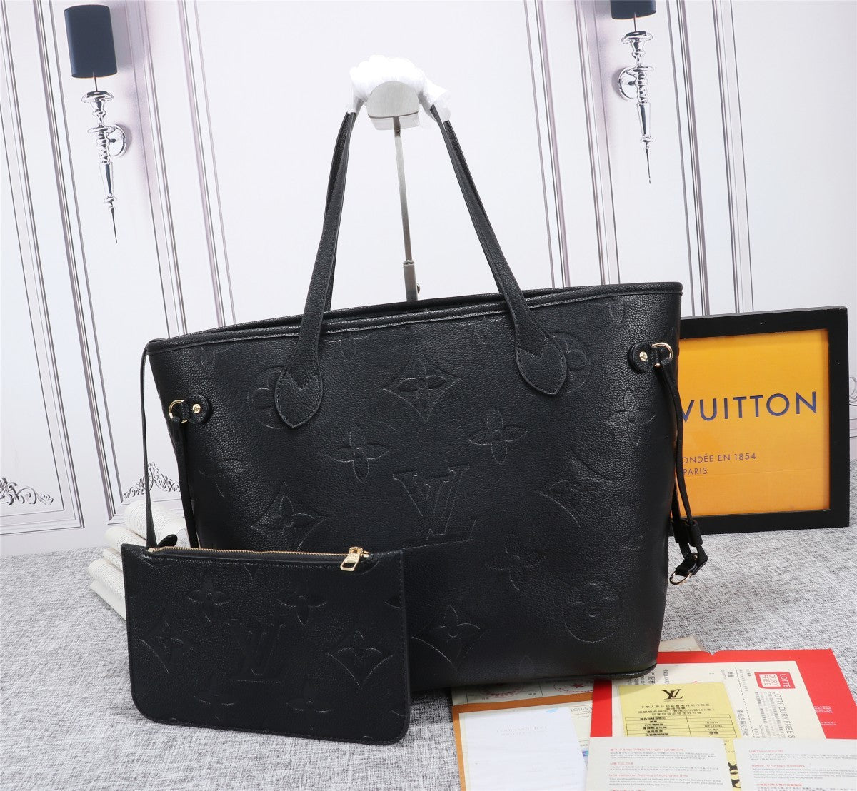 Louis Vuitton Neverfull MM Tote Bag Monogram Empreinte Black For Women, Women’s Handbags, Shoulder Bags 12.2in/31cm LV M45685
