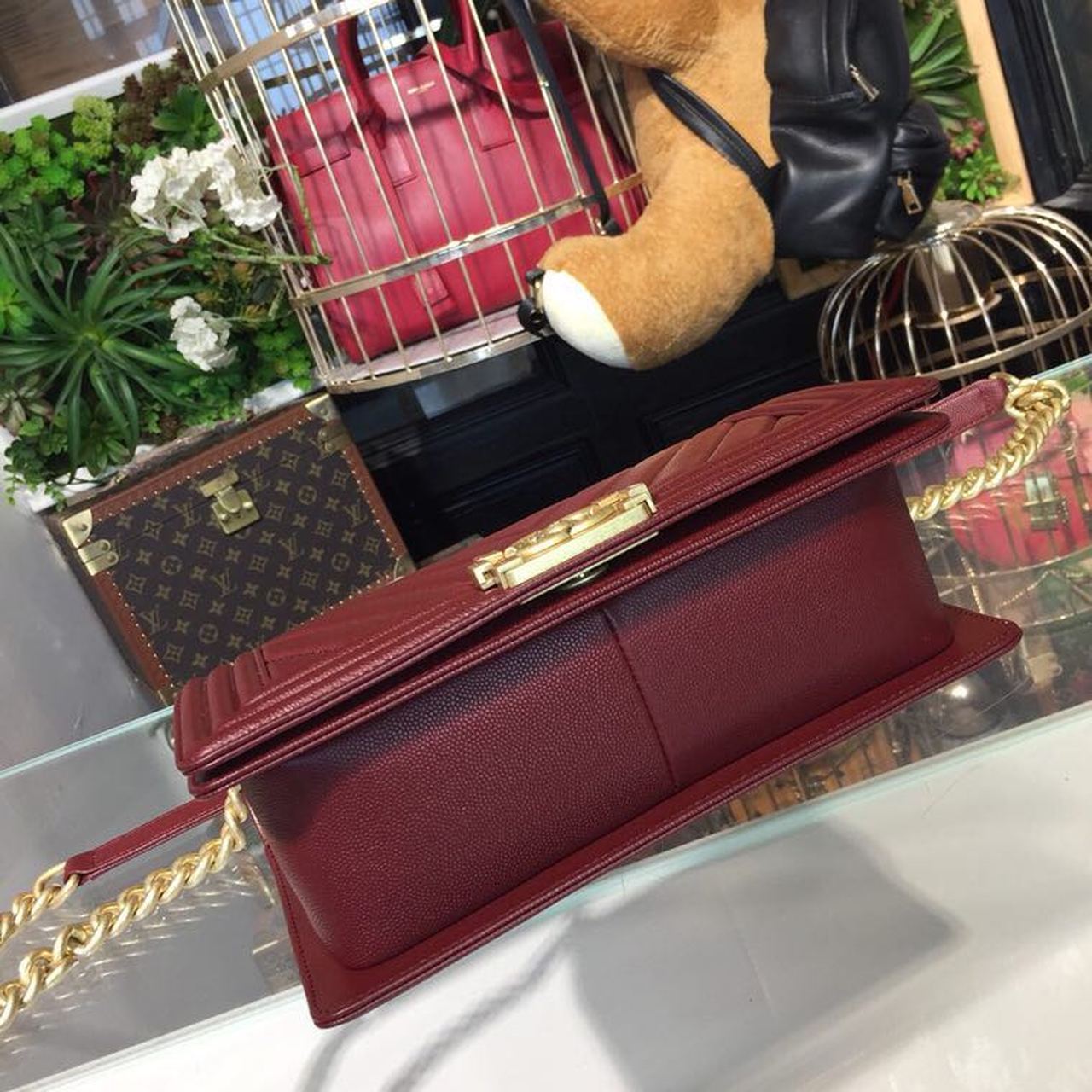CHL Boy Handbag Gold Toned Hardware Burgundy For Women, Women’s Bags, Shoulder And Crossbody Bags 9.8in/25cm A67086