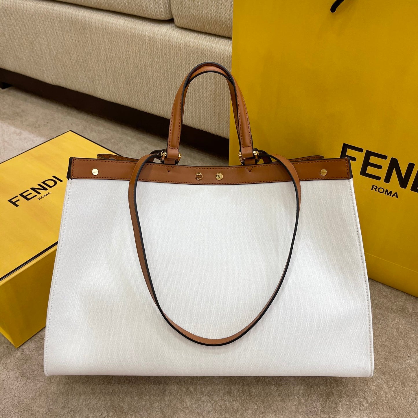 FI Peekaboo X-tote Bag White Canvas For Women, Women’s Handbags, Shoulder Bags 16.1in/41cm FF 8BH374
