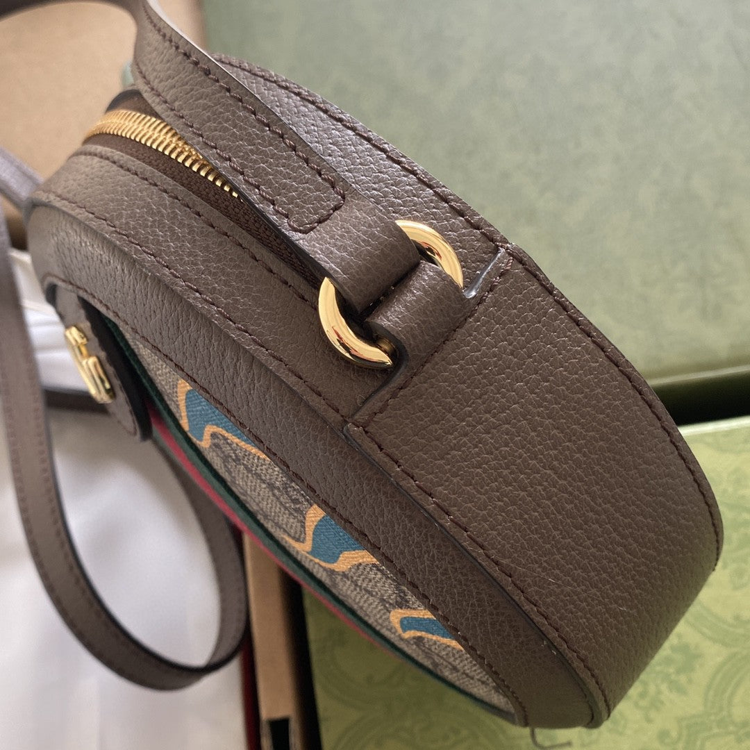 gg Round Shoulder Bag With Double G Beige And Ebony Supreme Canvas With Stripes And Flames Print Brown For Women 7,5in/19cm 574978 UQHNE 9885