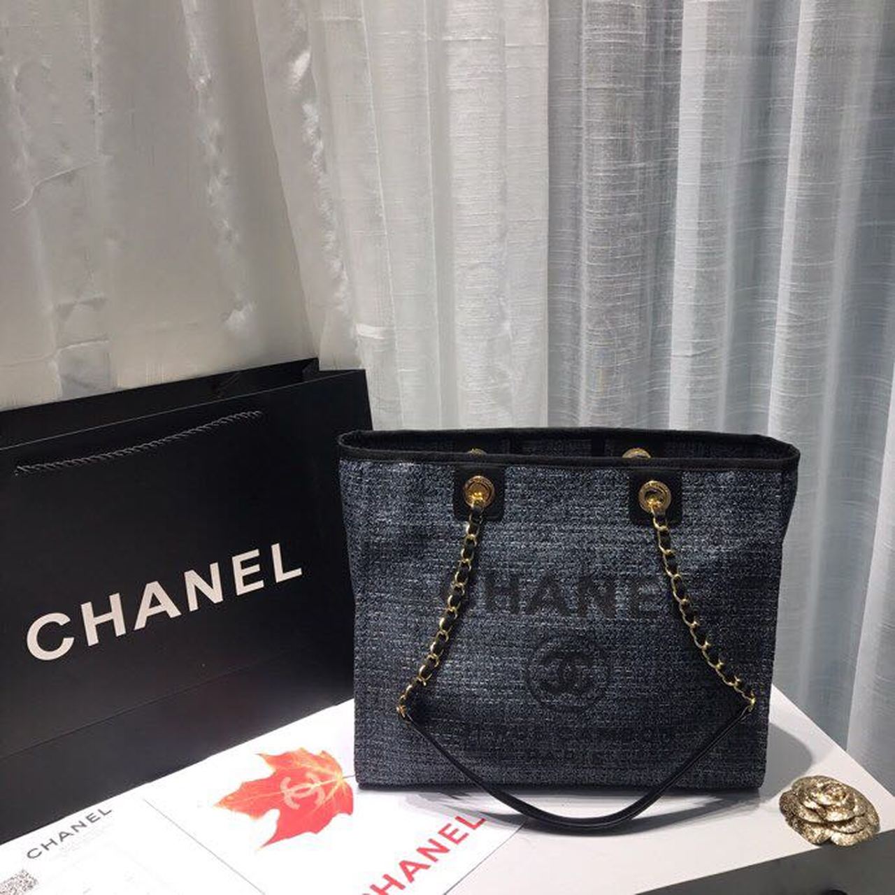 Chanel Deauville Chain Shoulder Tote Bag Dark Grey For Women, Women’s Handbags, Shoulder Bags 13.3in/34cm A66939