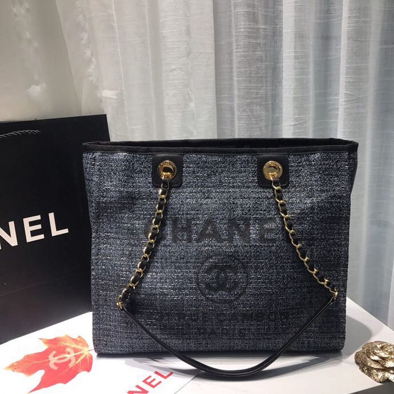 Chanel Deauville Chain Shoulder Tote Bag Dark Grey For Women, Women’s Handbags, Shoulder Bags 13.3in/34cm A66939