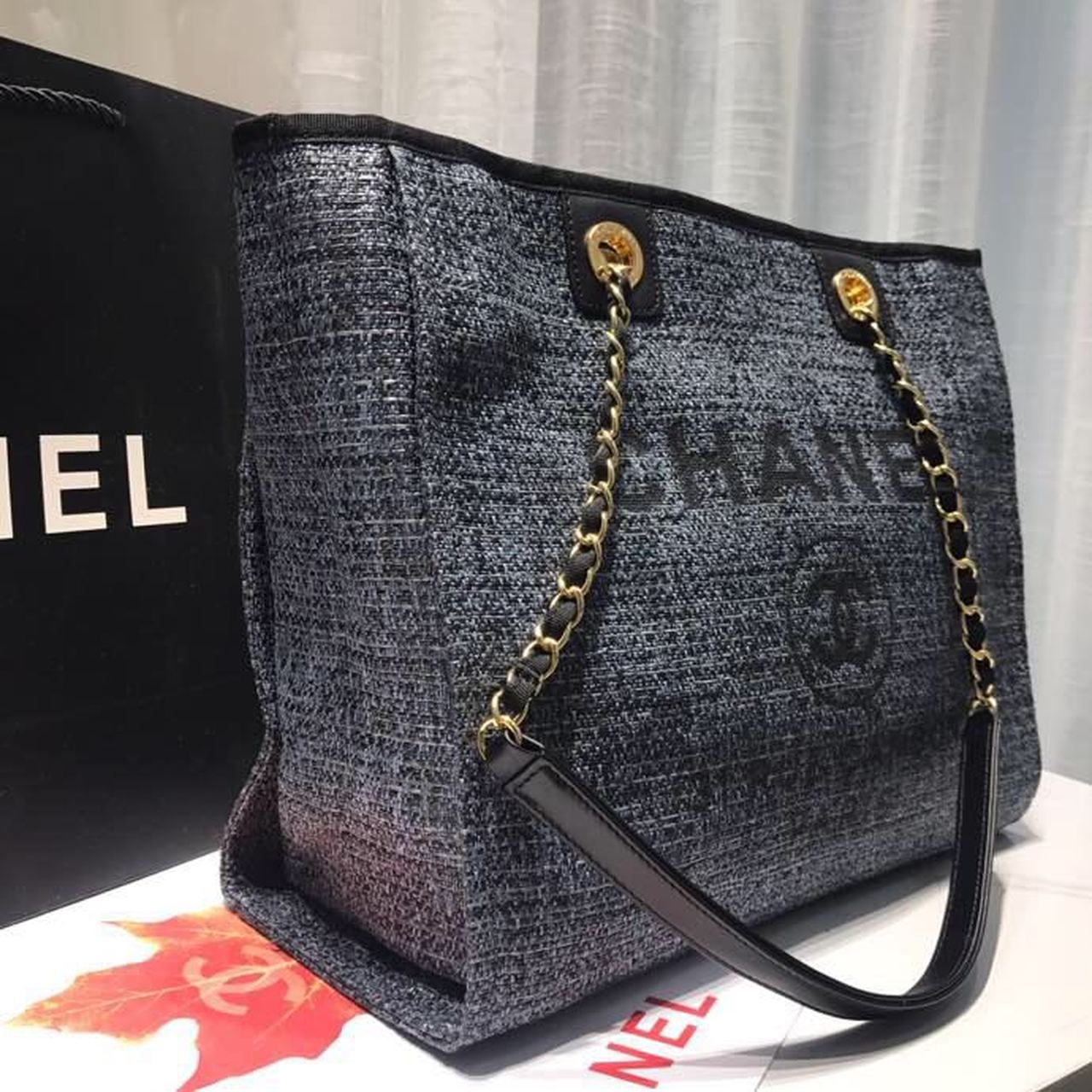 Chanel Deauville Chain Shoulder Tote Bag Dark Grey For Women, Women’s Handbags, Shoulder Bags 13.3in/34cm A66939