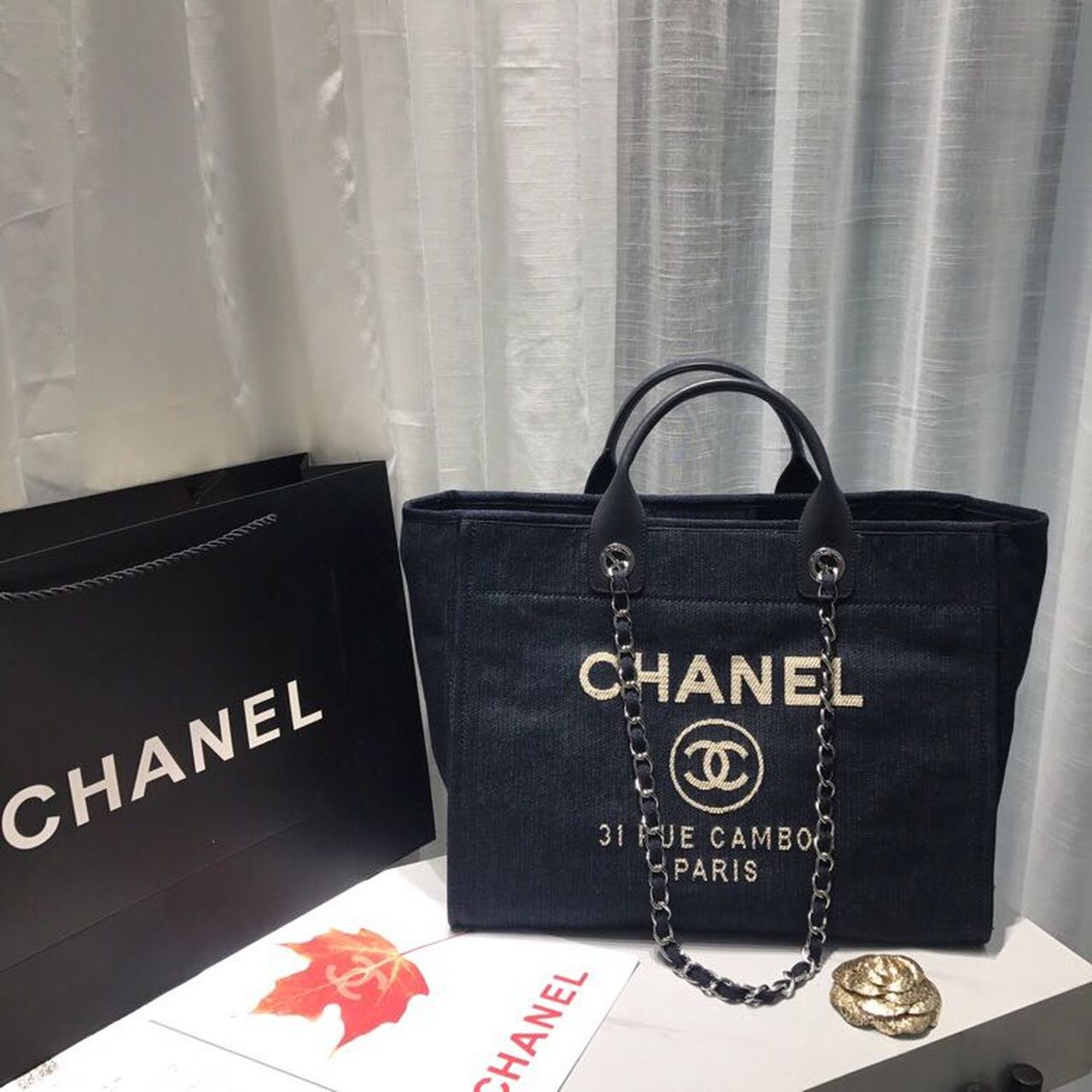Chanel Deauville Tote Canvas Bag Dark Blue Denim/White For Women 14.9in/38cm