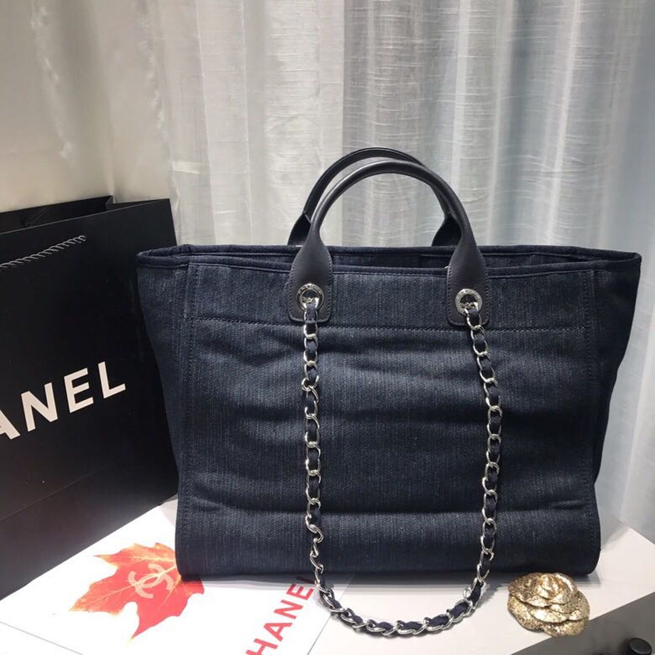 Chanel Deauville Tote Canvas Bag Dark Blue Denim/White For Women 14.9in/38cm