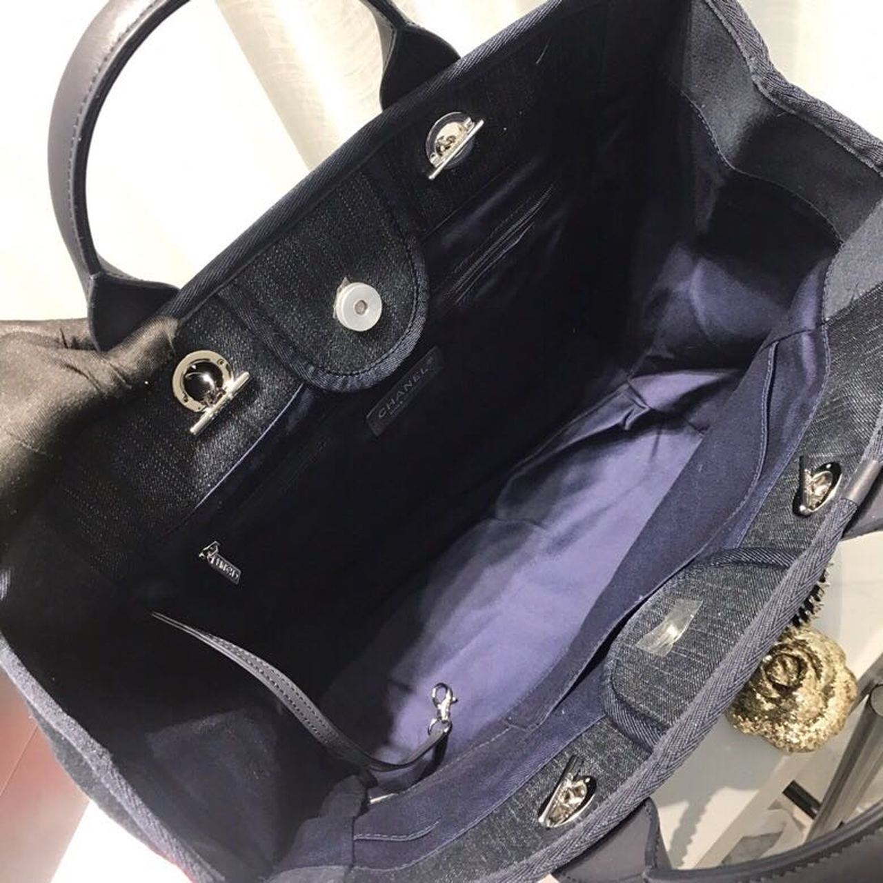Chanel Deauville Tote Canvas Bag Dark Blue Denim/White For Women 14.9in/38cm