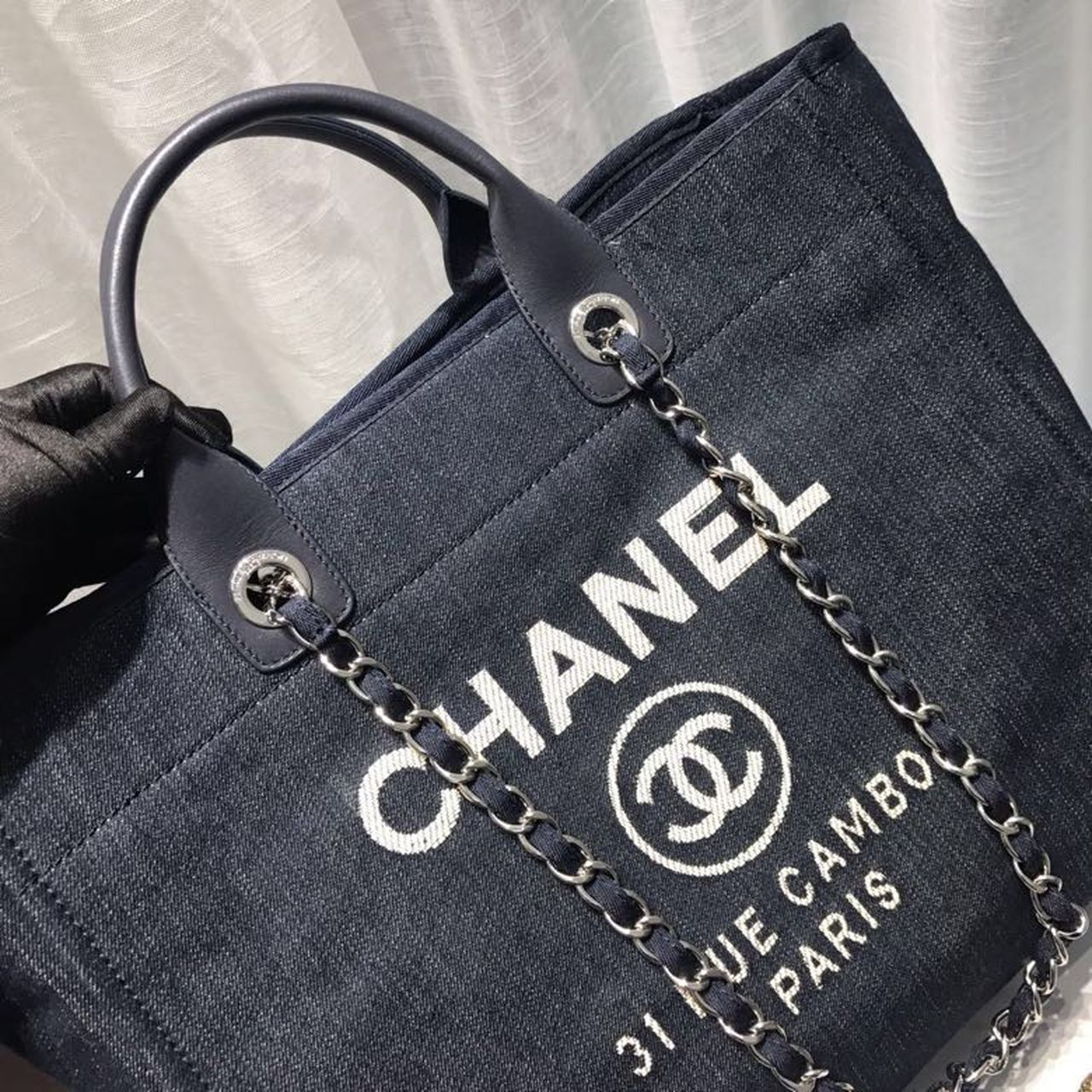 Chanel Deauville Tote Canvas Bag Dark Blue Denim/White For Women 14.9in/38cm