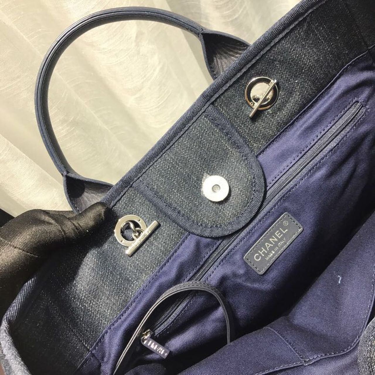 Chanel Deauville Tote Canvas Bag Dark Blue Denim/White For Women 14.9in/38cm