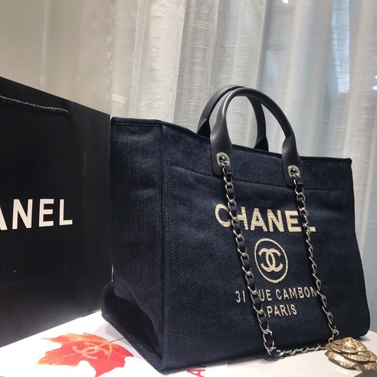 Chanel Deauville Tote Canvas Bag Dark Blue Denim/White For Women 14.9in/38cm