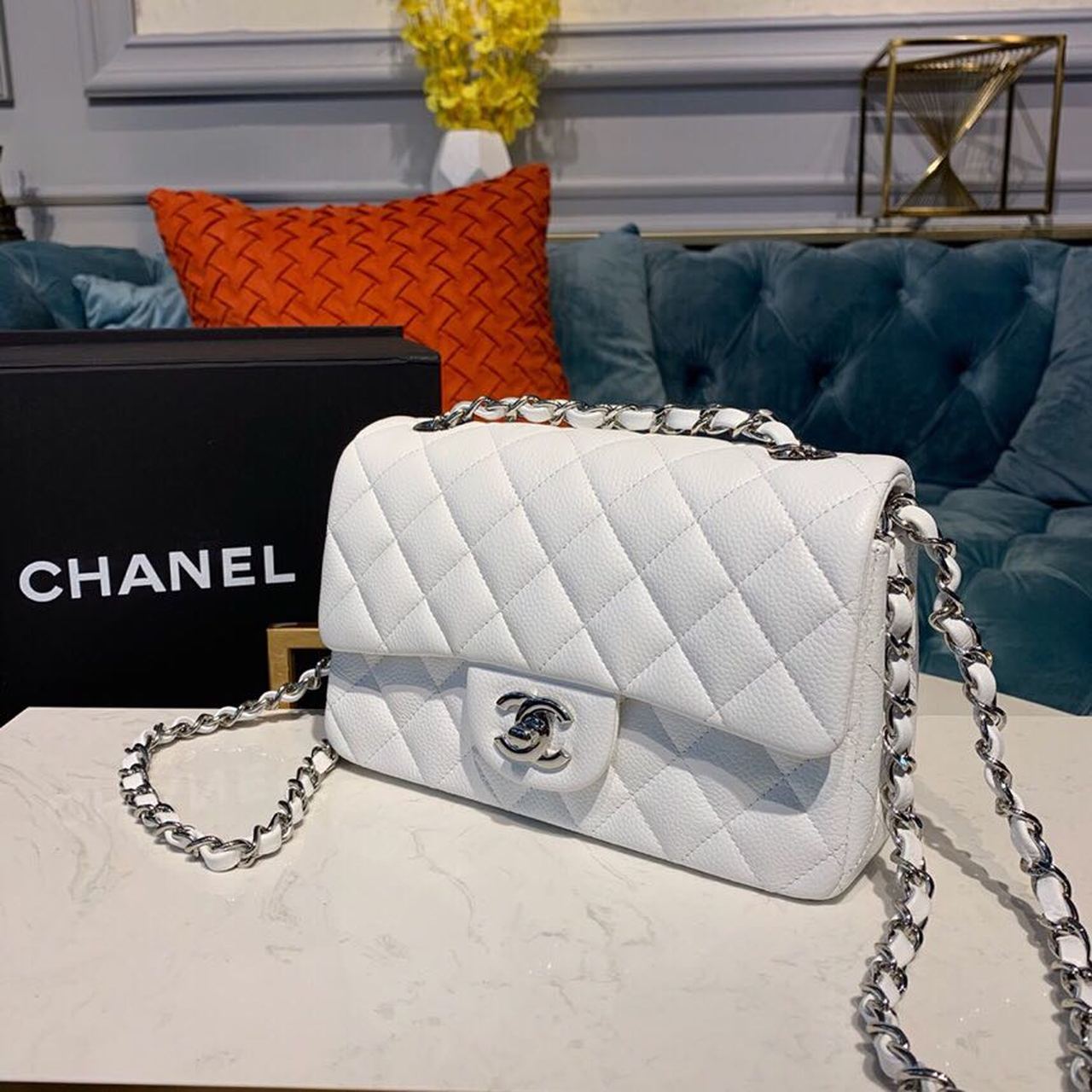 ChanelSmall Classic Handbag Silver Hardware White For Women, Women’s Bags, Shoulder And Crossbody Bags 7.8in/20cm A01113