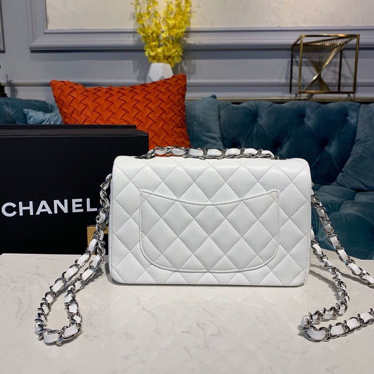 ChanelSmall Classic Handbag Silver Hardware White For Women, Women’s Bags, Shoulder And Crossbody Bags 7.8in/20cm A01113